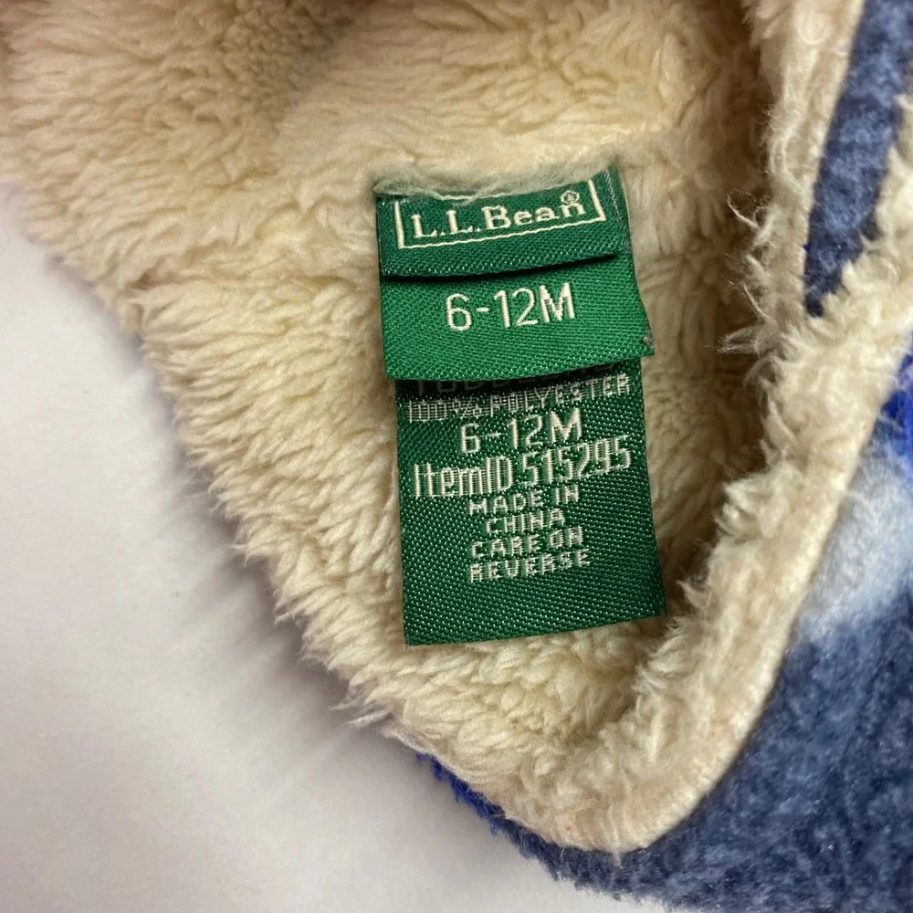 LL Bean Baby Fleece Trapper Hat 6-12M Blue Red Camo Sherpa Lined 515295